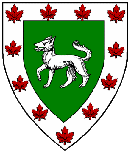  arms: Vert, a wolf statant and on a bordure Argent a semy of maple leaves Gules