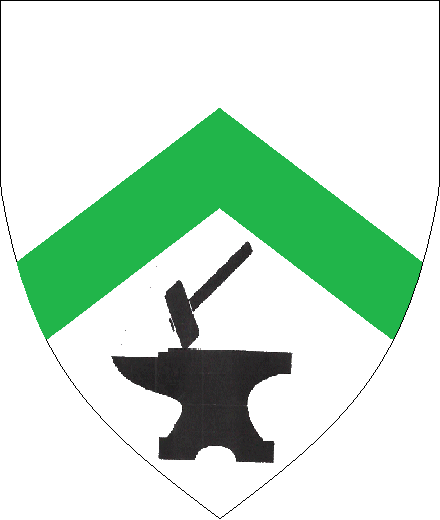 Stan the blacksmith arms: Argent, a chevron Vert and in base a hammer bend sinisterwise striking an anvil Sable.