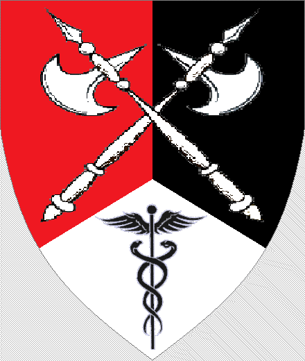  arms: Per pall inverted Gules, Sable and Argent, two poleaxes crossed in saltire Argent and in base a caduceus Sable.