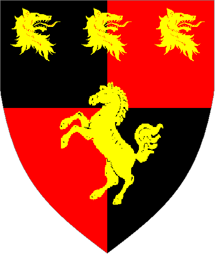  arms: Quarterly Sable and Gules, a horse Salient and in chief three wolf heads erased contorney Or.