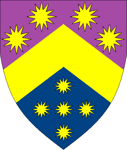  arms: Per chevron Purpure and Azure, a chevron between in chief four suns and in base five suns Or.