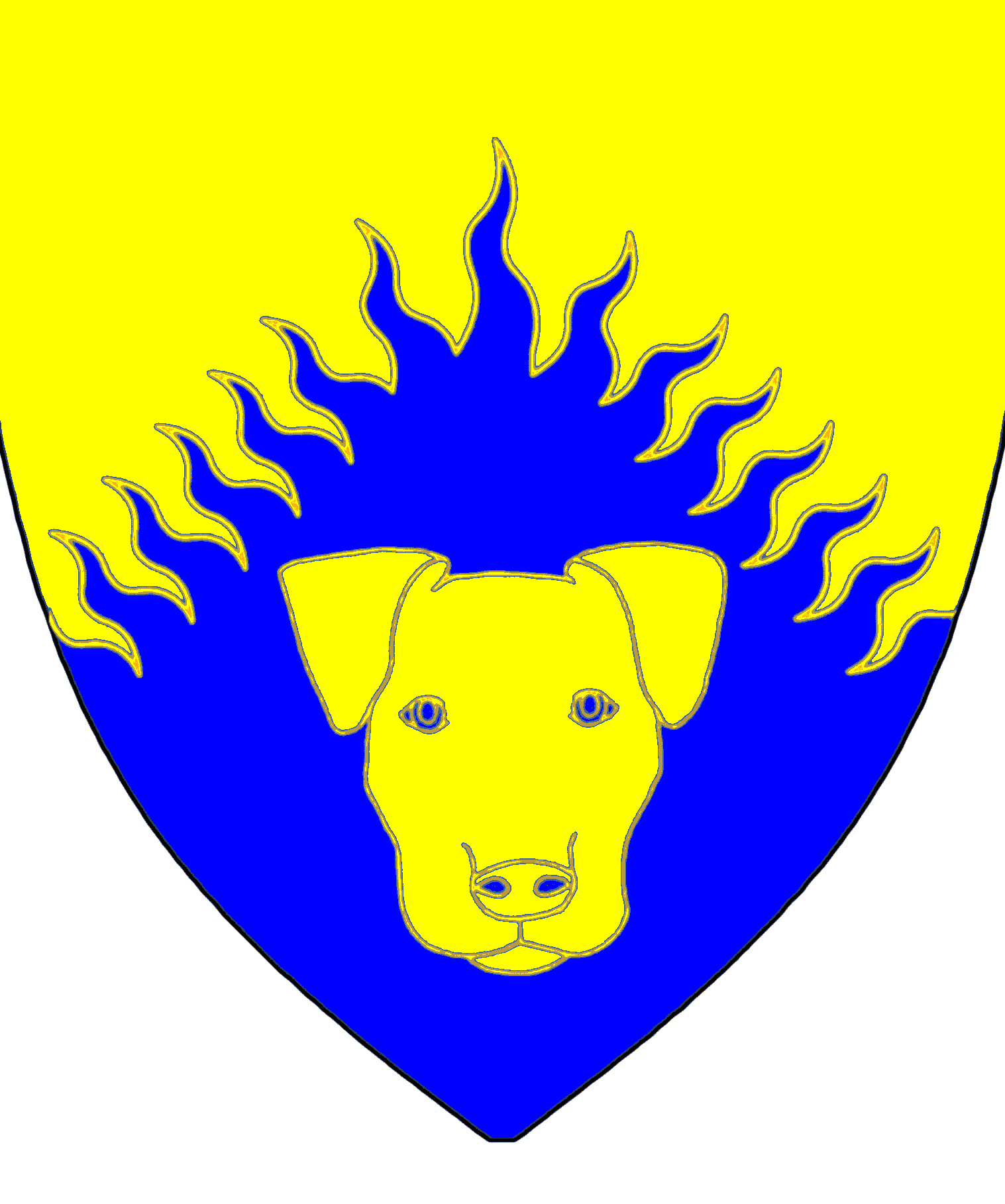 Artem arms: Per chevron rayonny Or and Azure, a talbot's head caboshed Or.